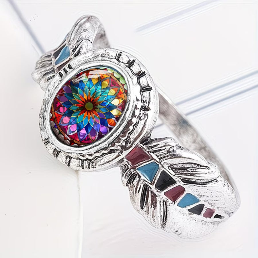 Stained Glass Mandala Feather Ring