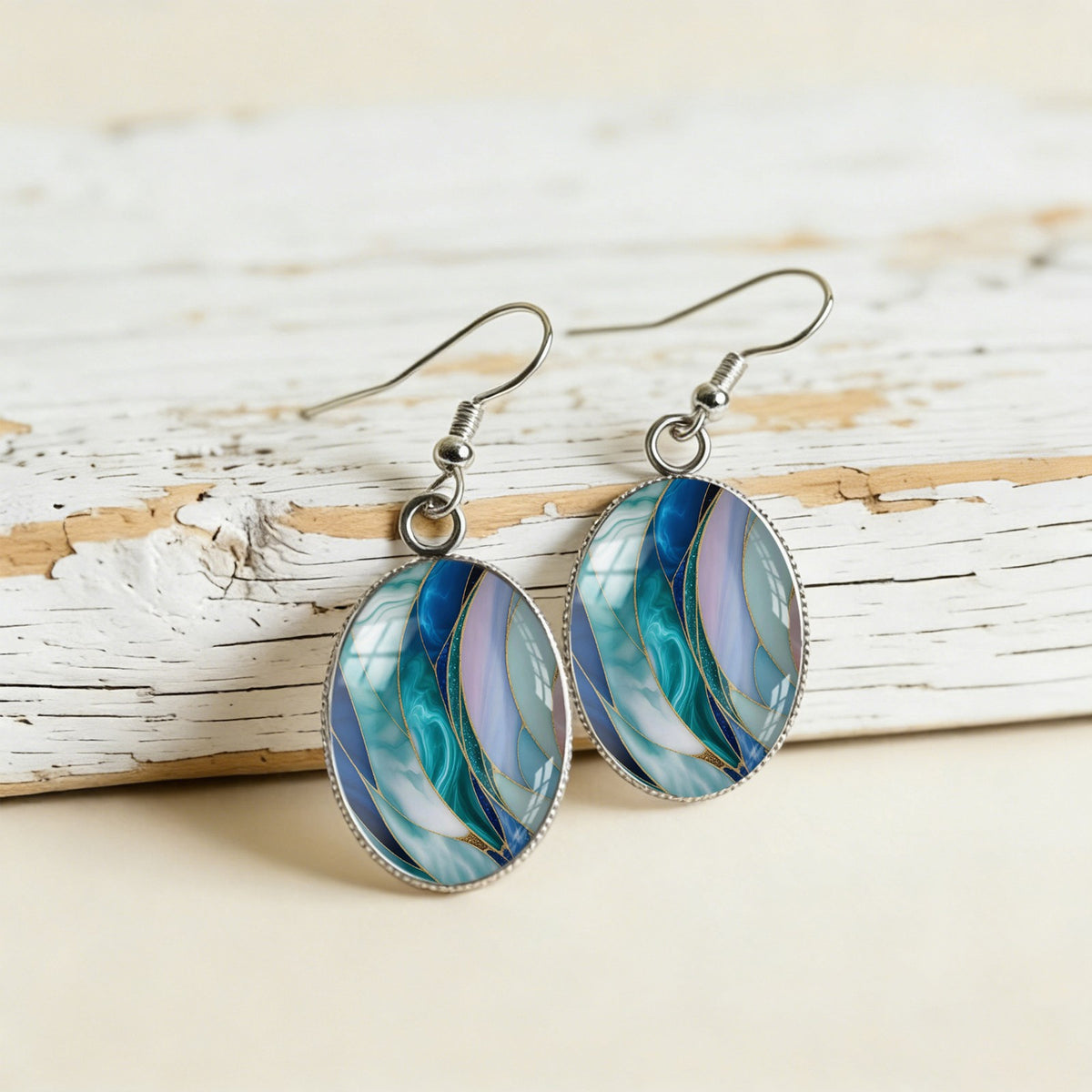 Teal Stained Glass Oval Earrings