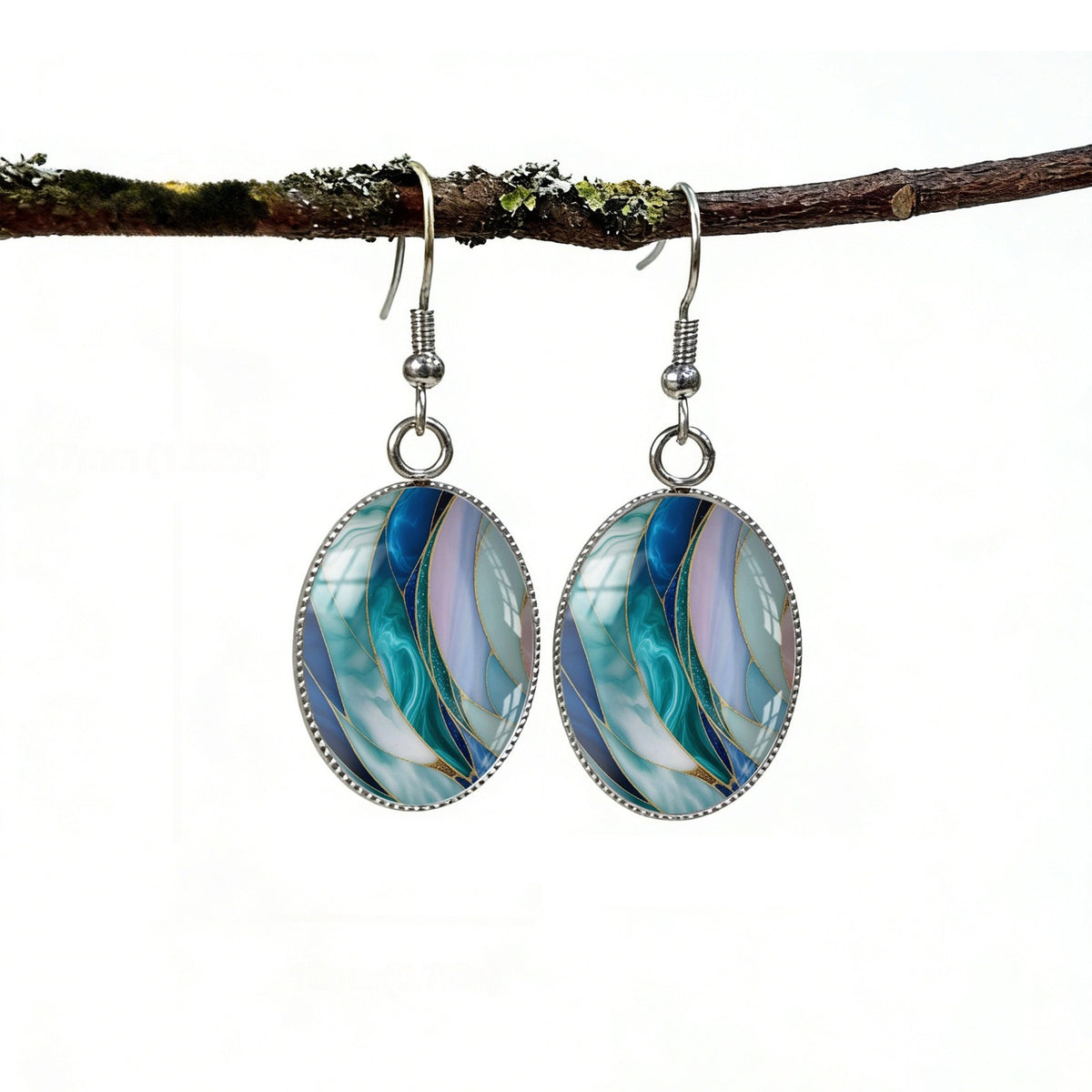 Teal Stained Glass Oval Earrings