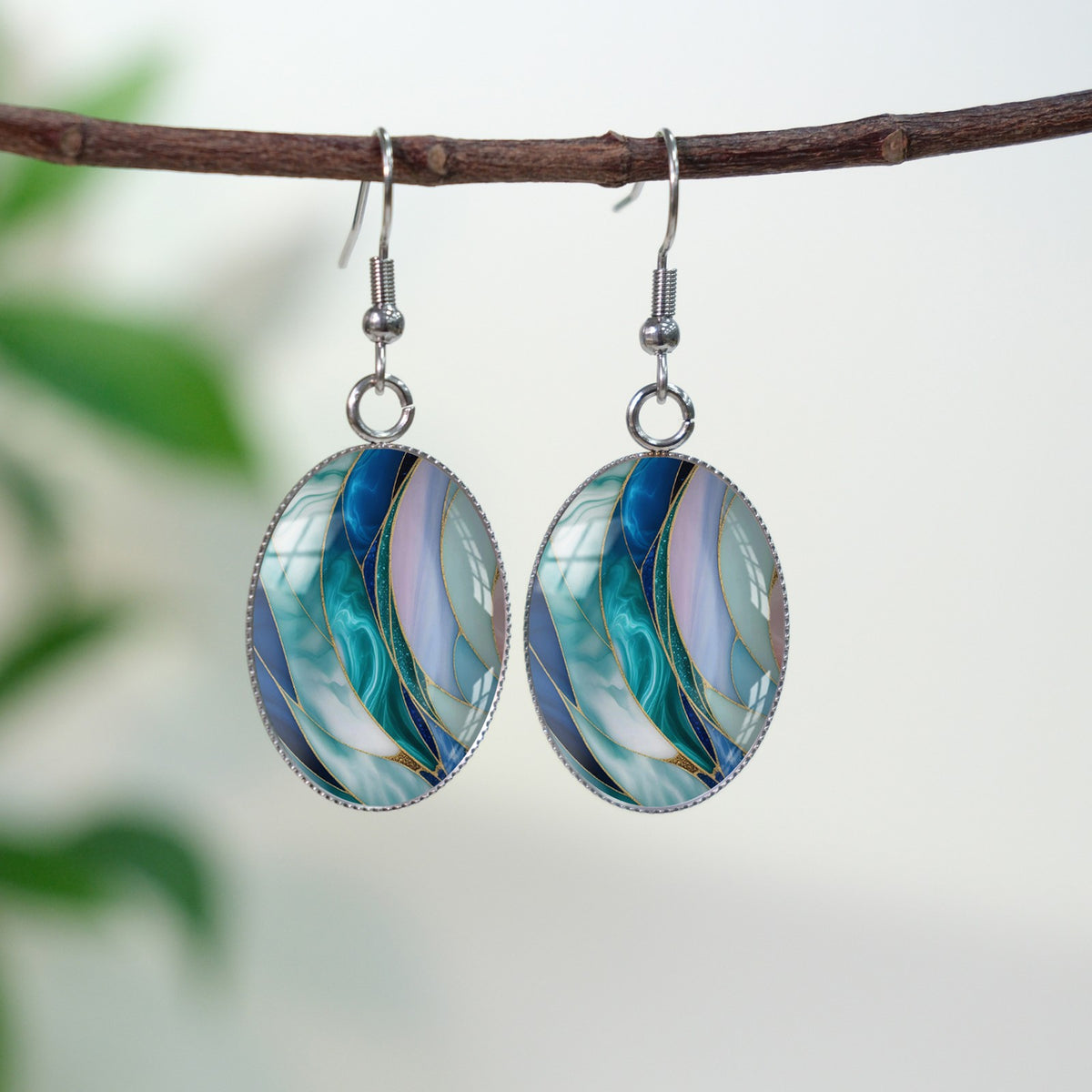 Teal Stained Glass Oval Earrings