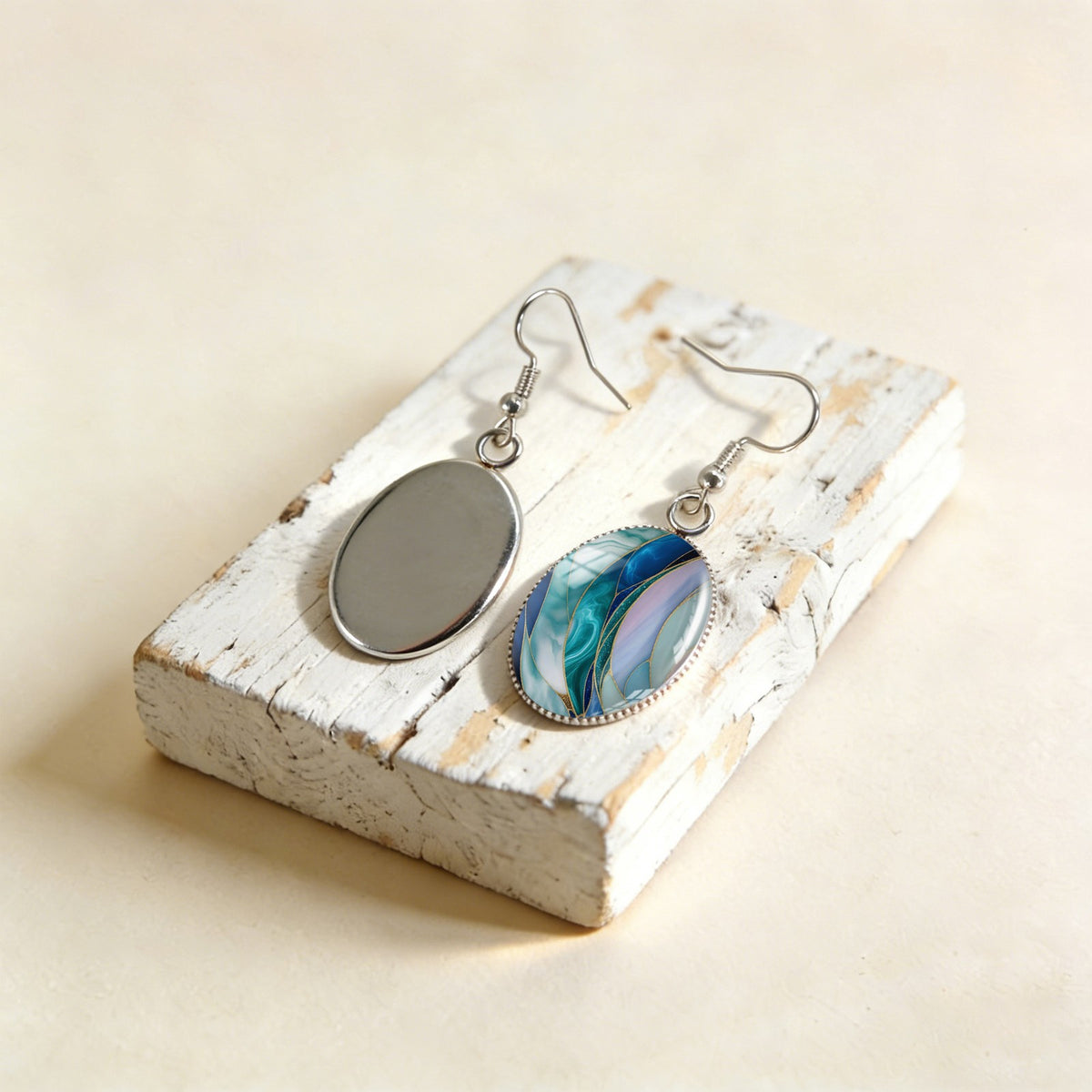 Teal Stained Glass Oval Earrings
