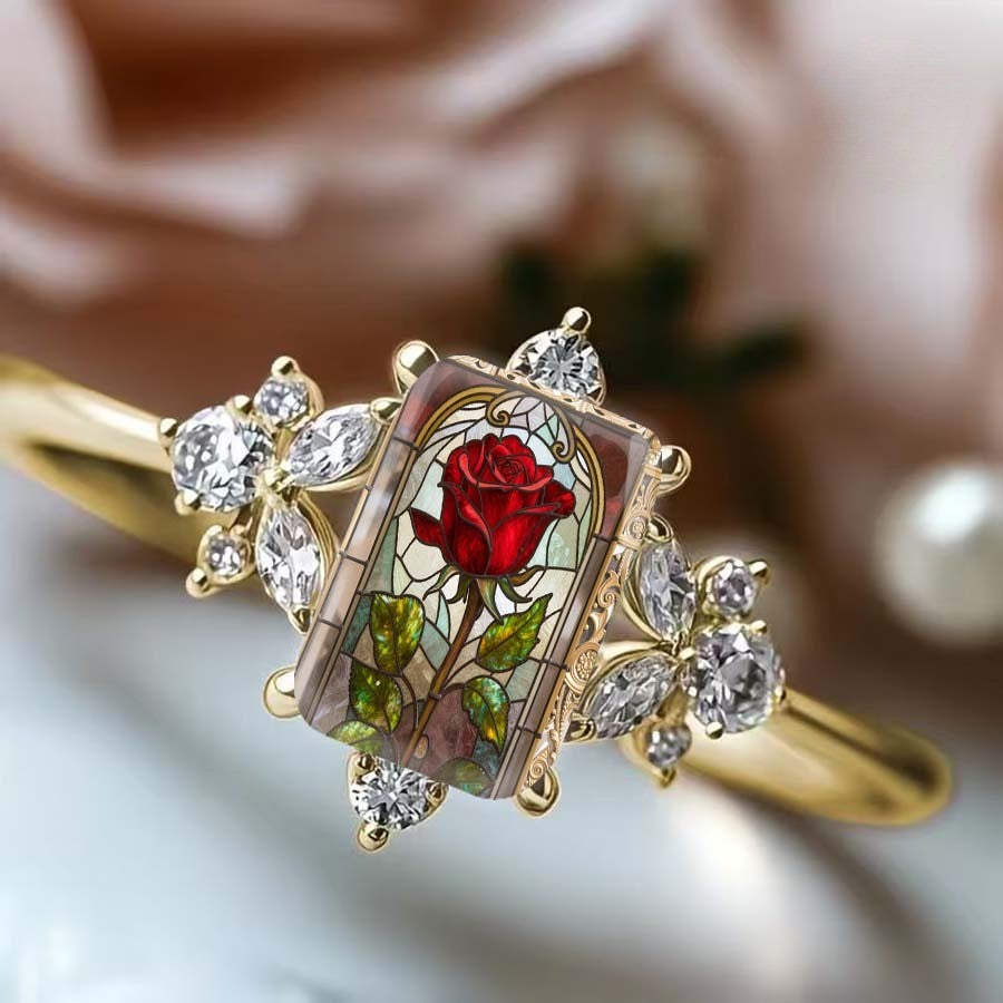 Red Rose Stained Glass Crystal Ring