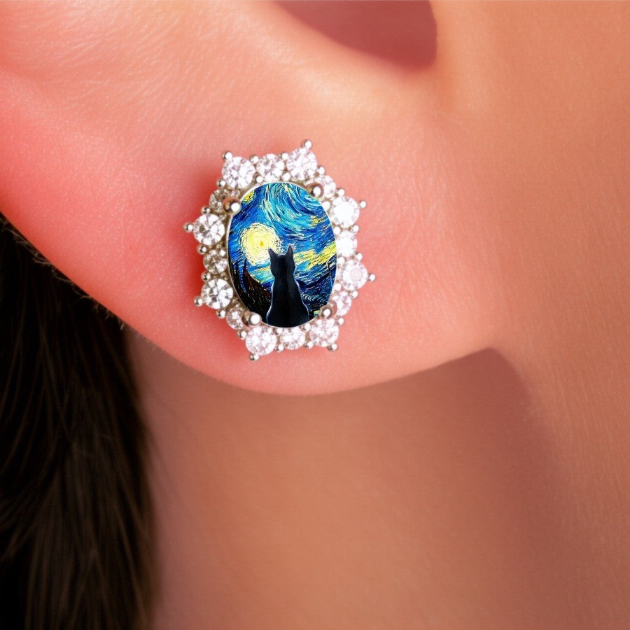Starry Night Cat Crystal Stud Earrings