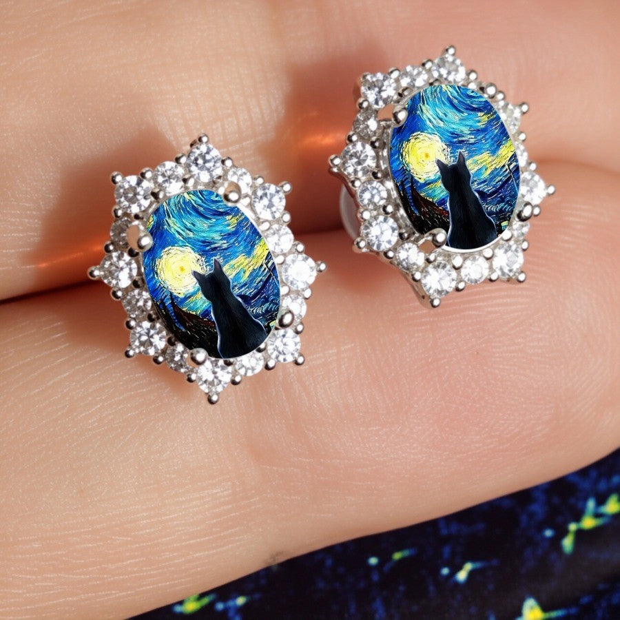 Starry Night Cat Crystal Stud Earrings