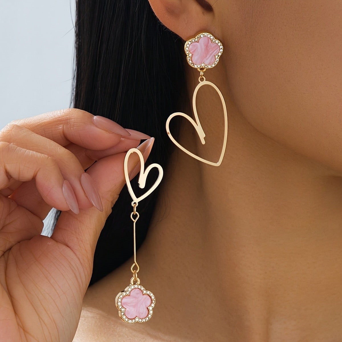 Pink Clover Heart Drop Earrings