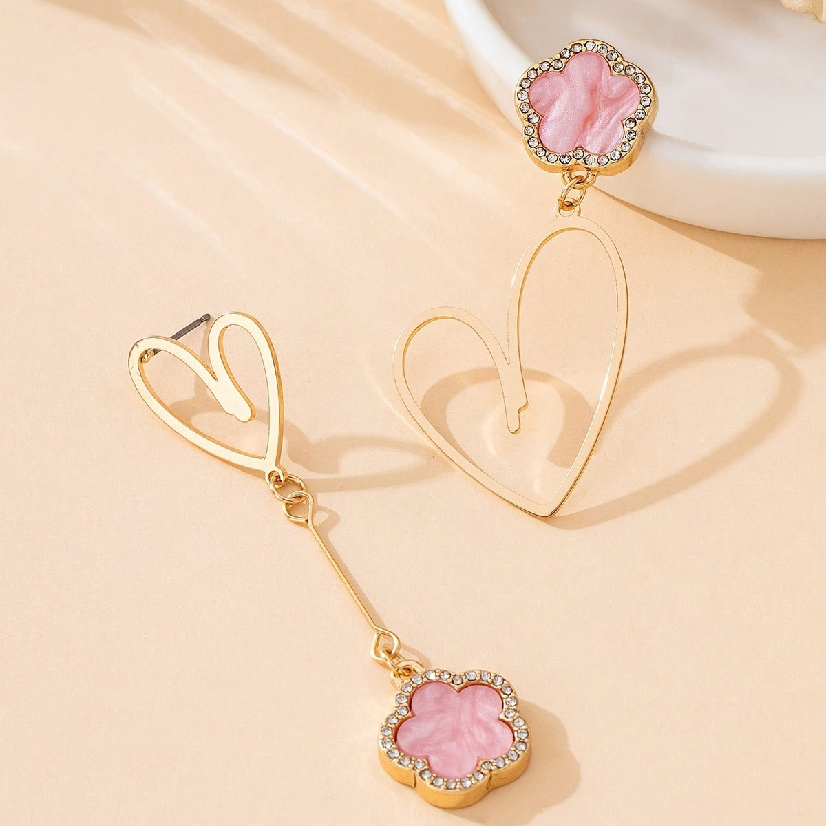 Pink Clover Heart Drop Earrings