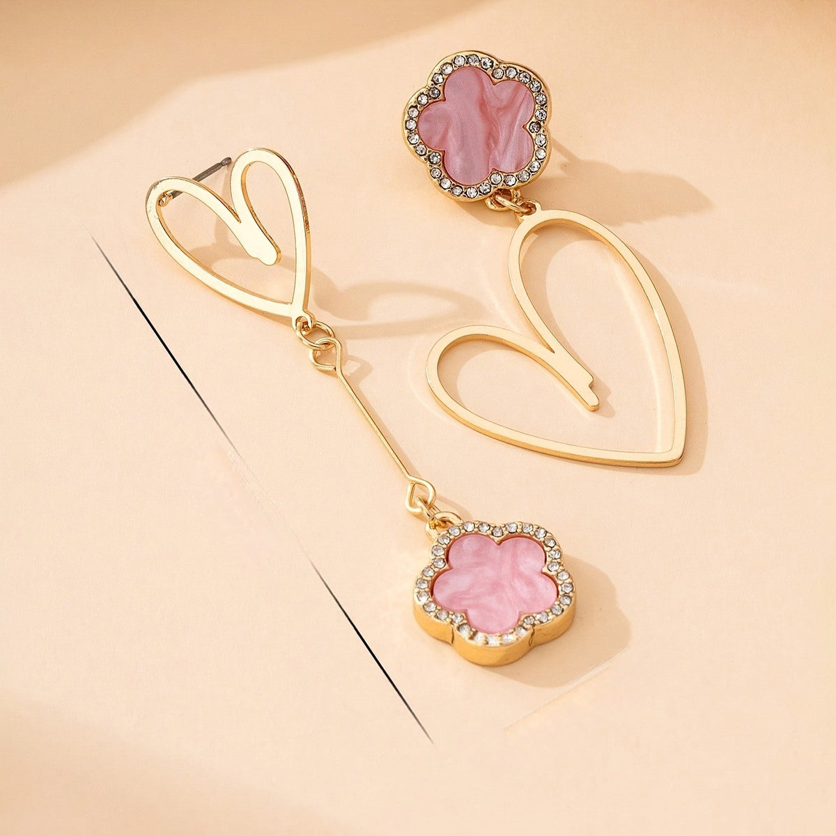 Pink Clover Heart Drop Earrings