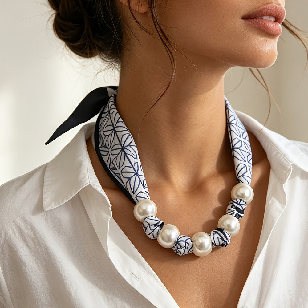 Seashell Print Pearl Scarf Necklace