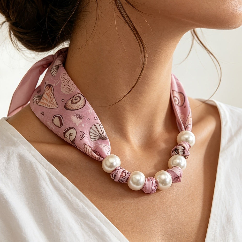 Seashell Print Pearl Scarf Necklace