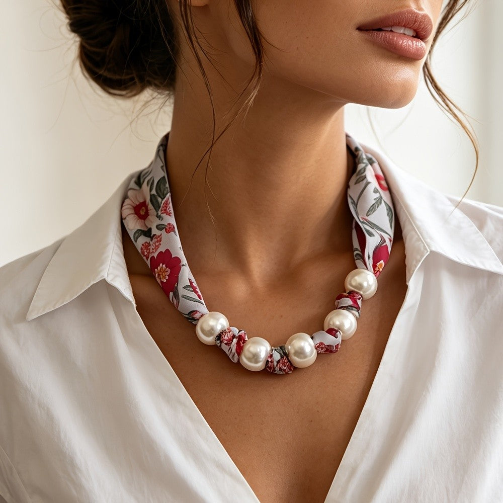 Seashell Print Pearl Scarf Necklace