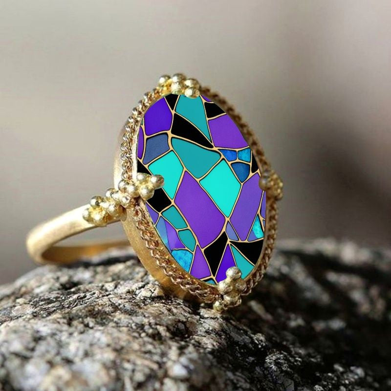 Purple & Teal Mosaic Oval Ring