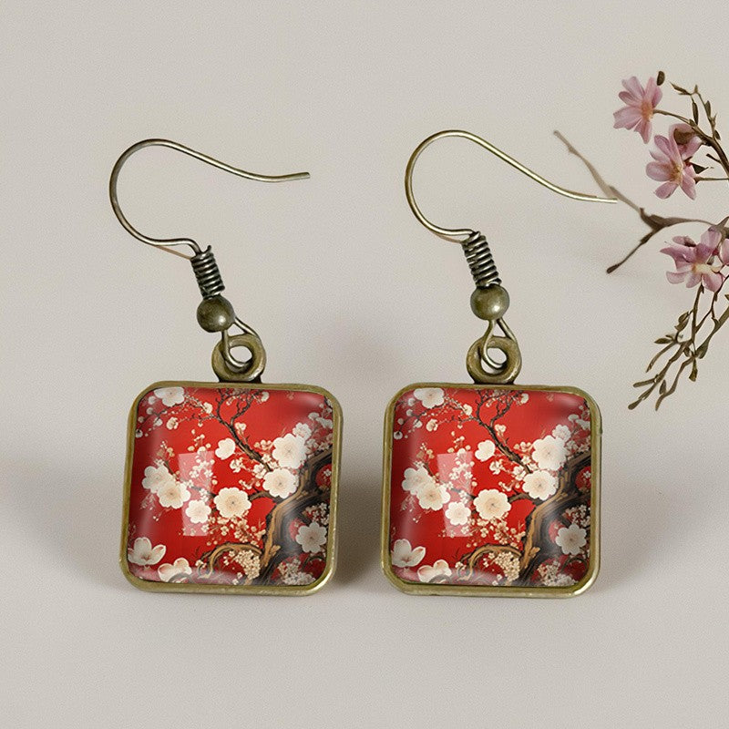Red Sakura Square Earrings