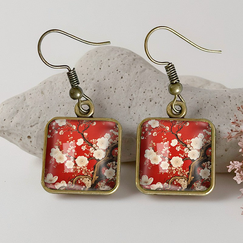 Red Sakura Square Earrings