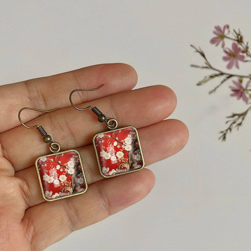 Red Sakura Square Earrings