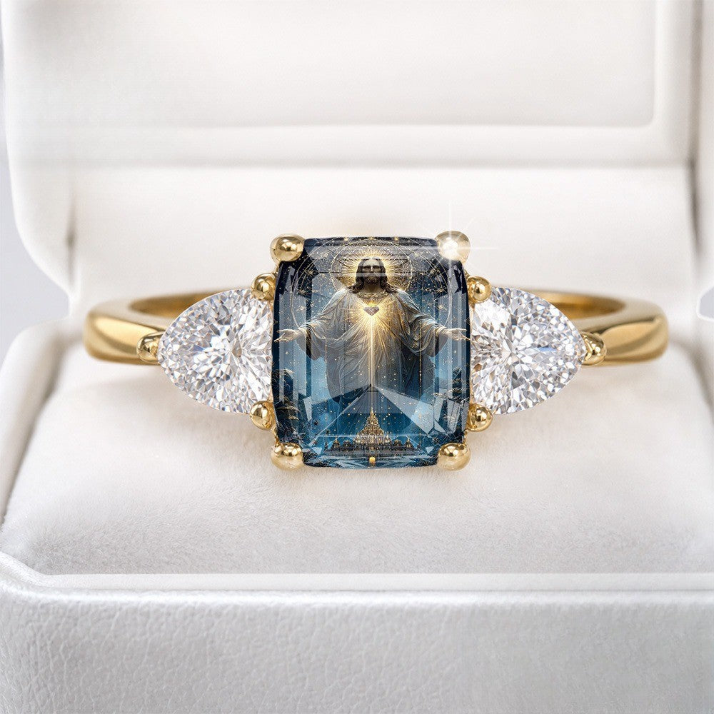 Sacred Heart Three Stone Ring