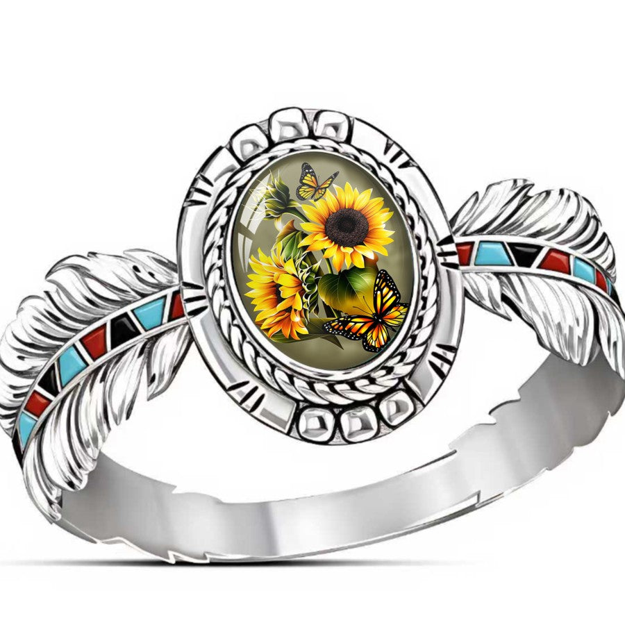 Sunflower Butterfly Oval Ring