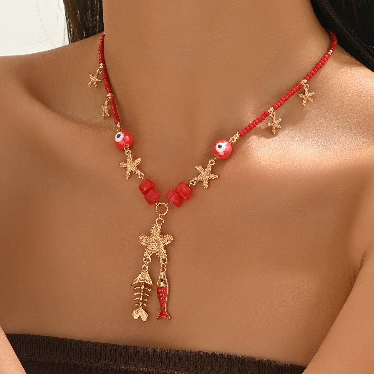 Red Bead Starfish & Fish Necklace