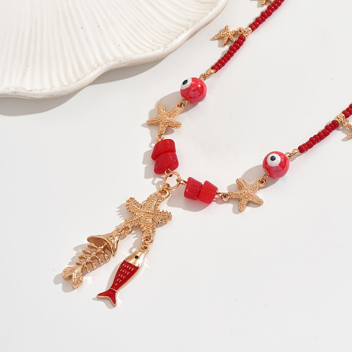 Red Bead Starfish & Fish Necklace