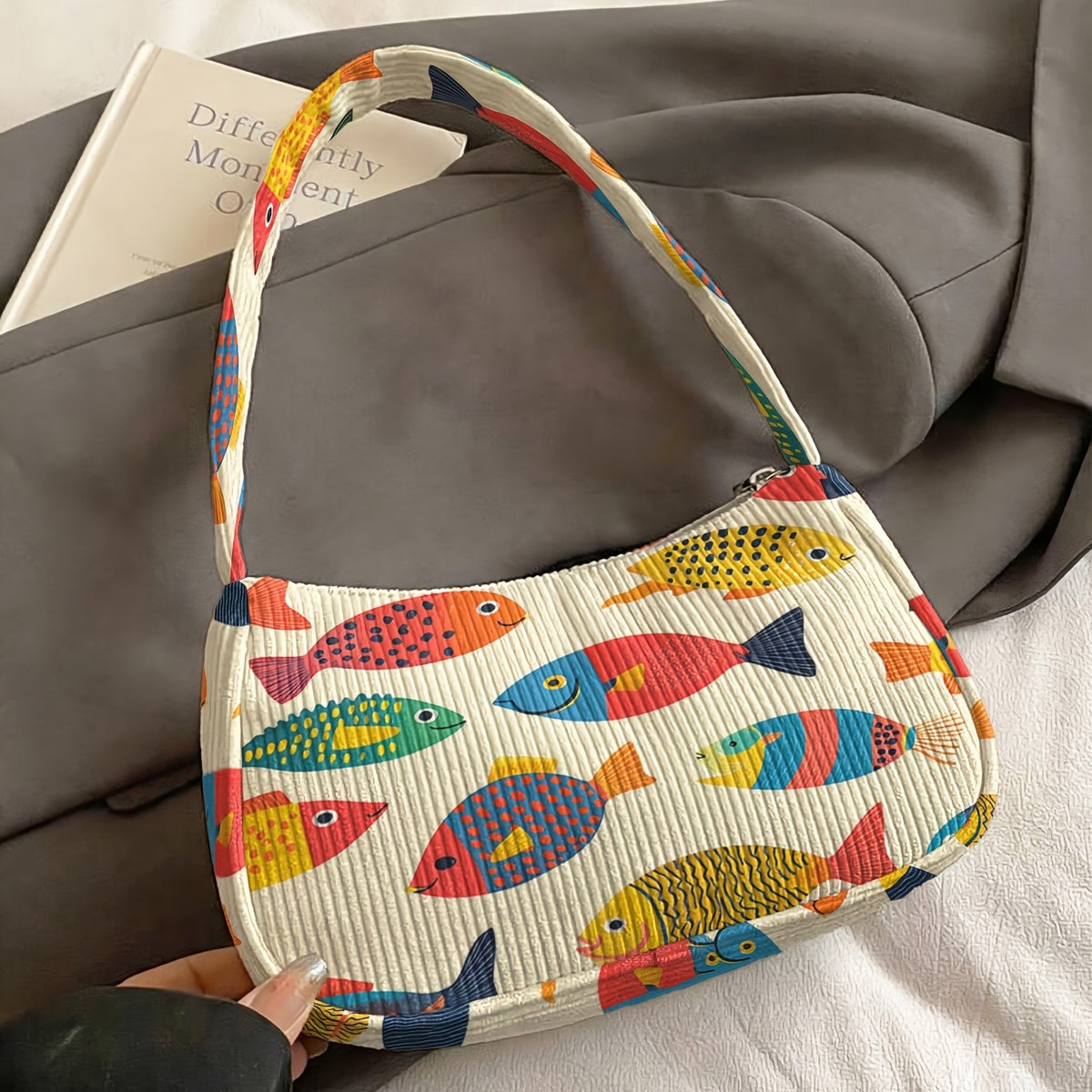 Colorful Fish Corduroy Shoulder Bag