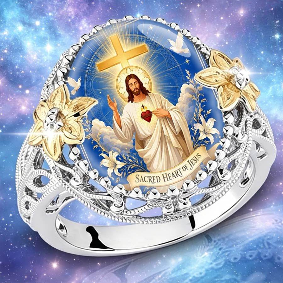 Sacred Heart Cross & Dove Statement Ring