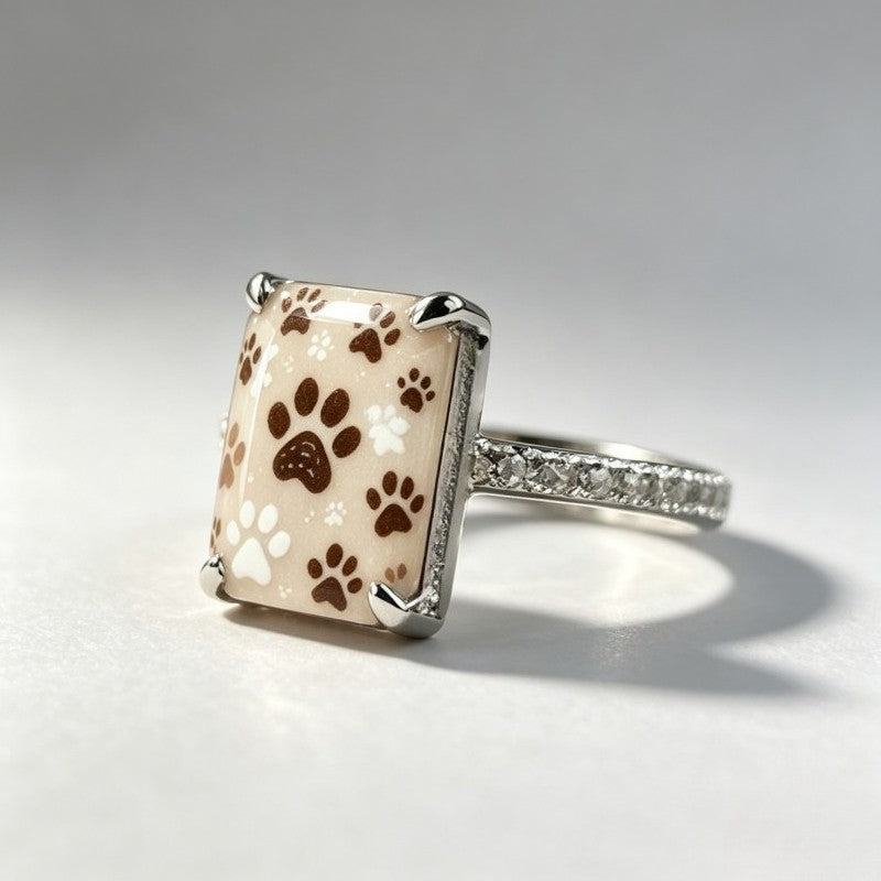 Cream Paw Print Square Ring