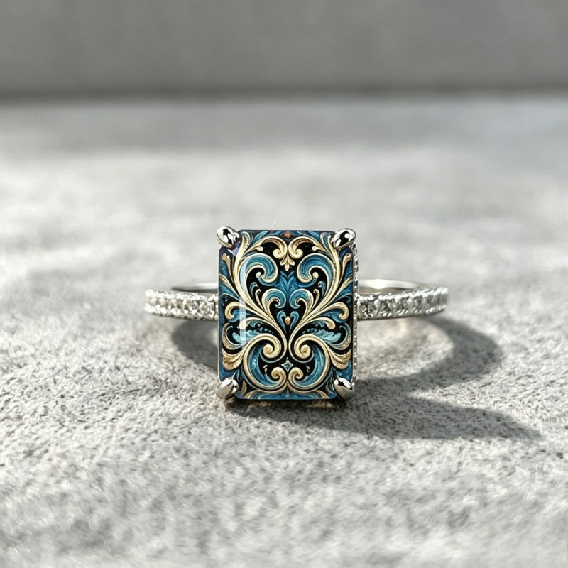 Blue Scroll Square Ring