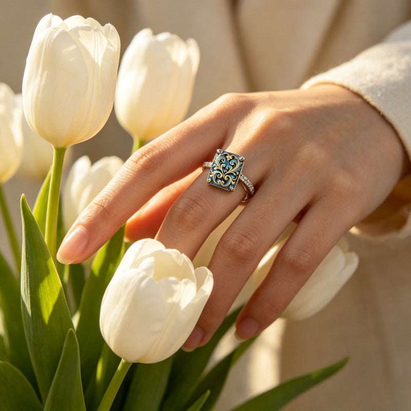 Blue Scroll Square Ring