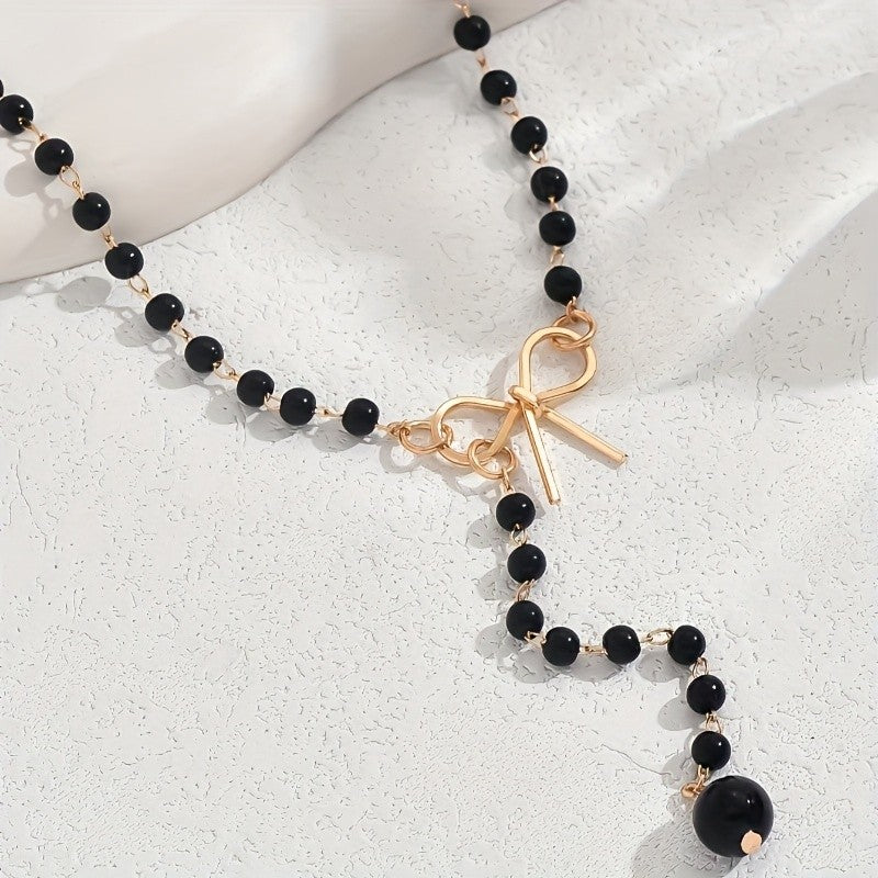 Black Bead Bow Necklace
