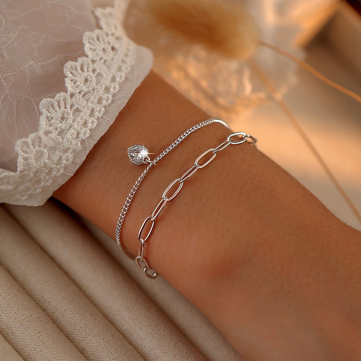 Zircon Heart & Paperclip Bracelet