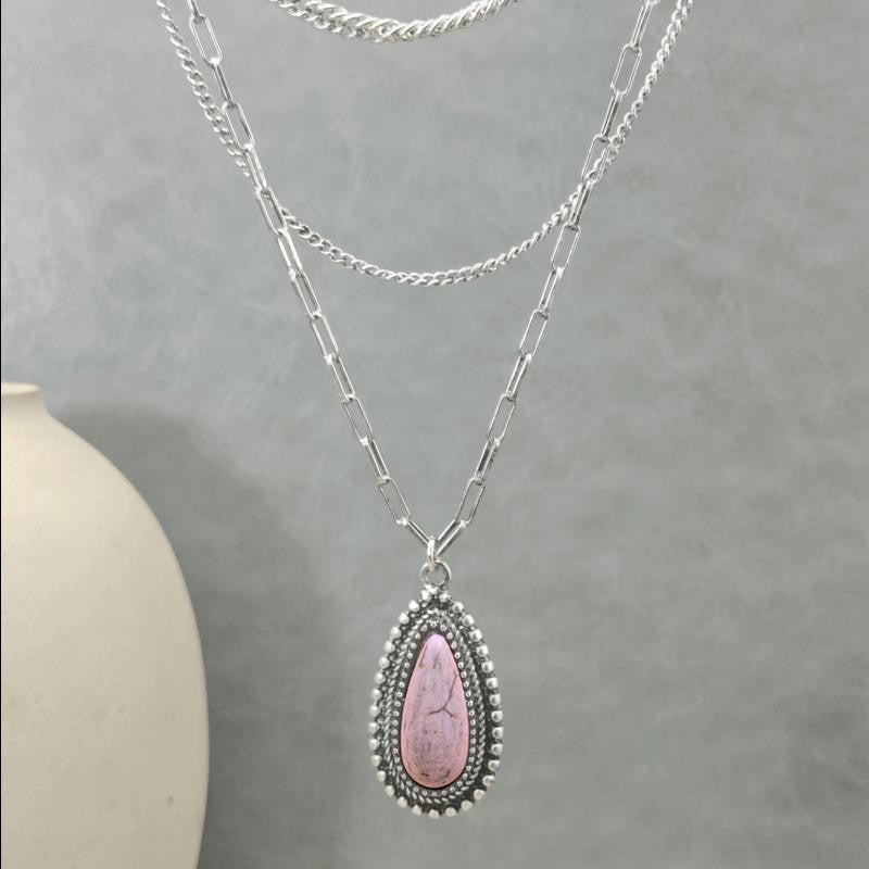 Pink Stone Teardrop Layered Necklace