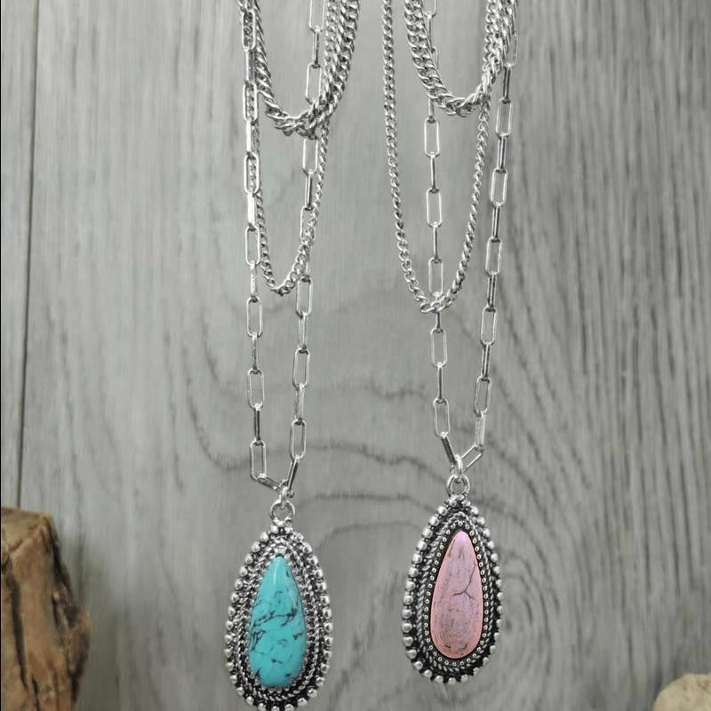 Pink Stone Teardrop Layered Necklace