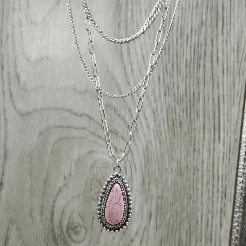 Pink Stone Teardrop Layered Necklace