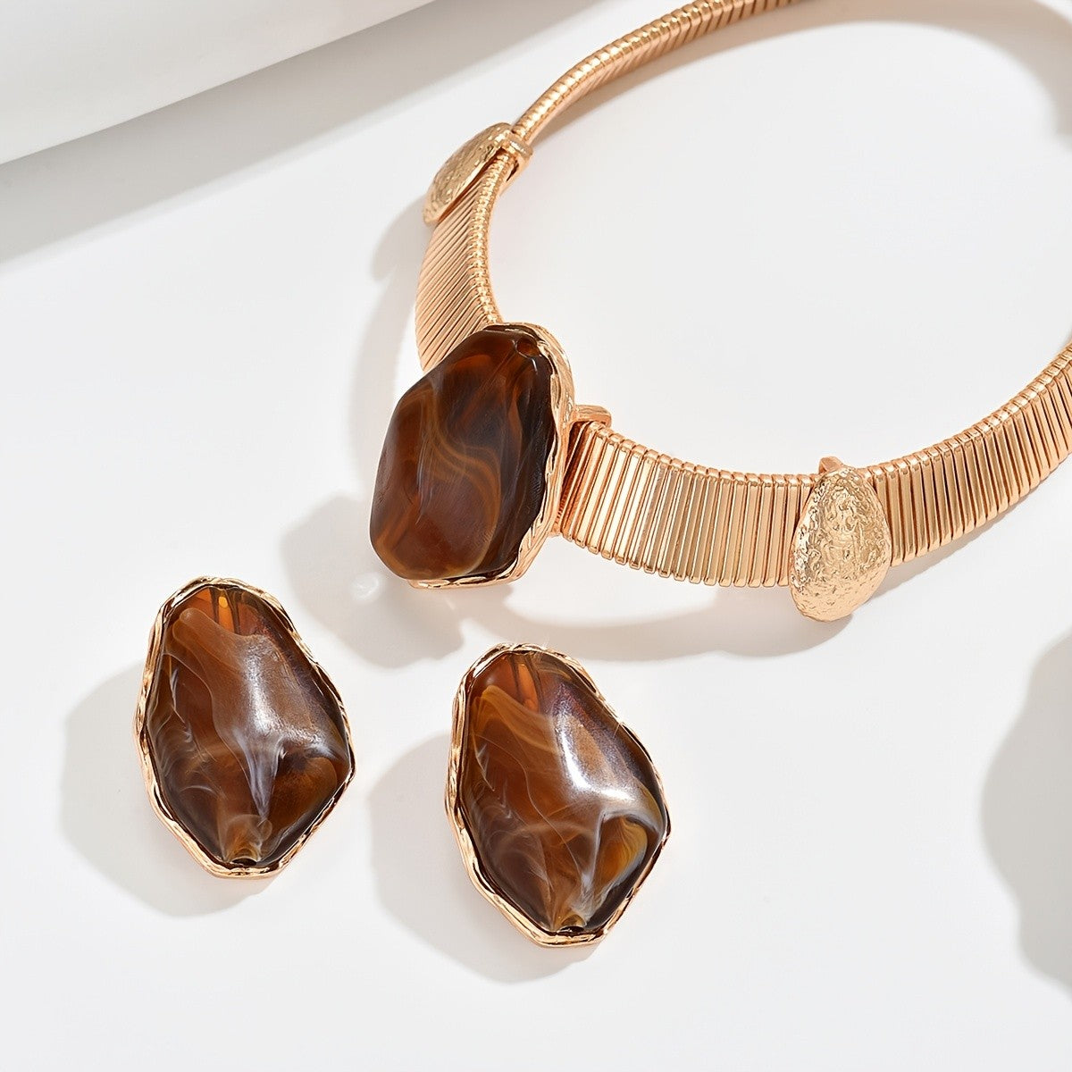 Ribbed Choker & Amber Stone Earring Set