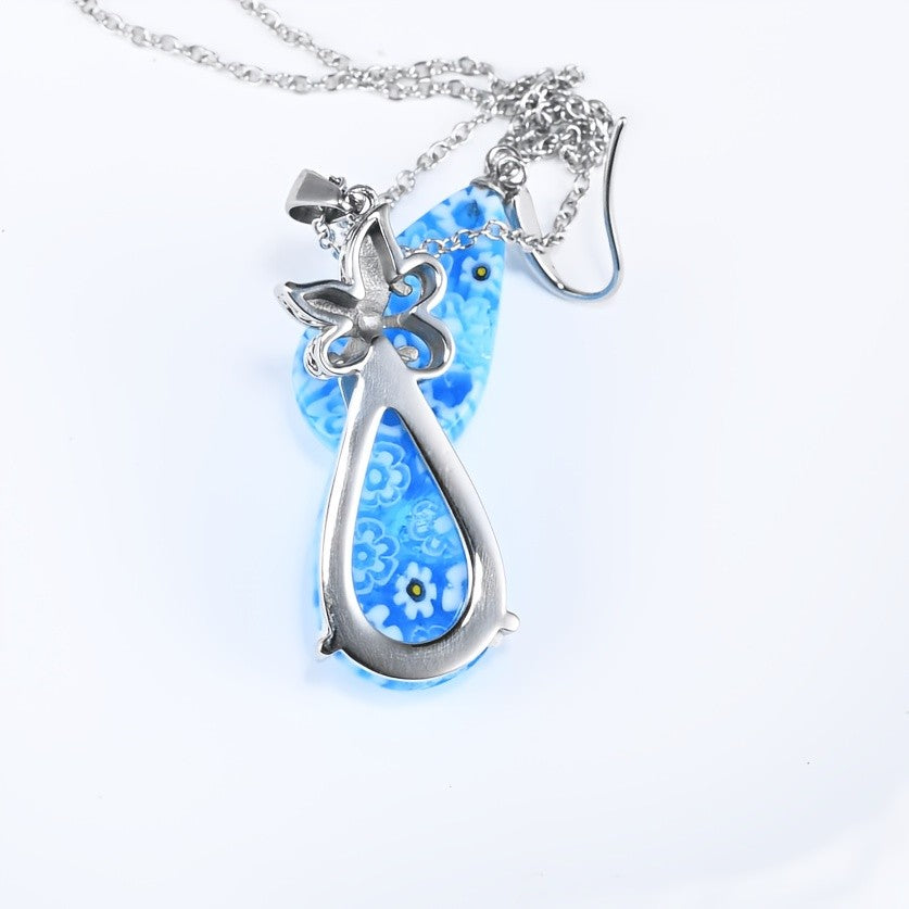 Blue Floral Glass Teardrop Pendant