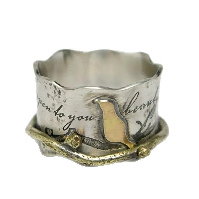 Bird Script Wide Band Ring