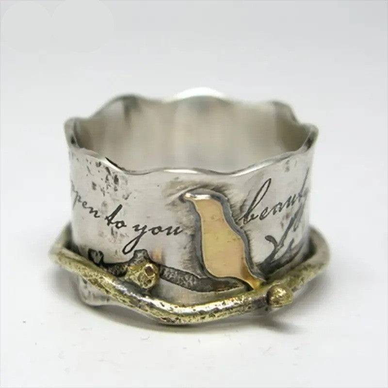 Bird Script Wide Band Ring