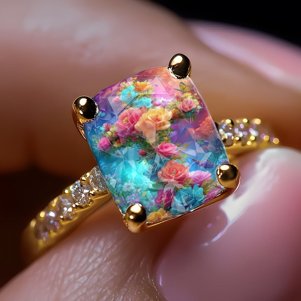 Colorful Floral Butterfly Square Ring