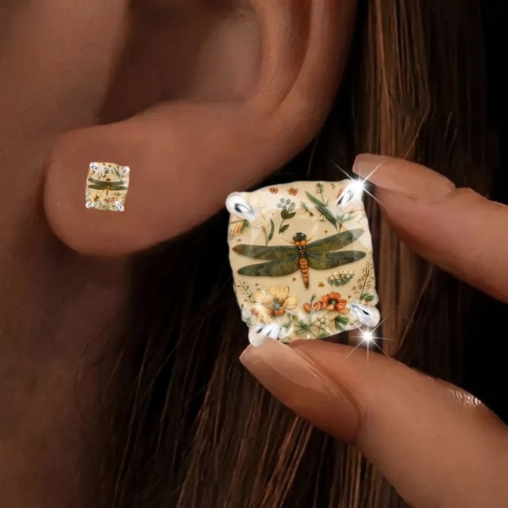Dragonfly Botanical Square Stud Earrings