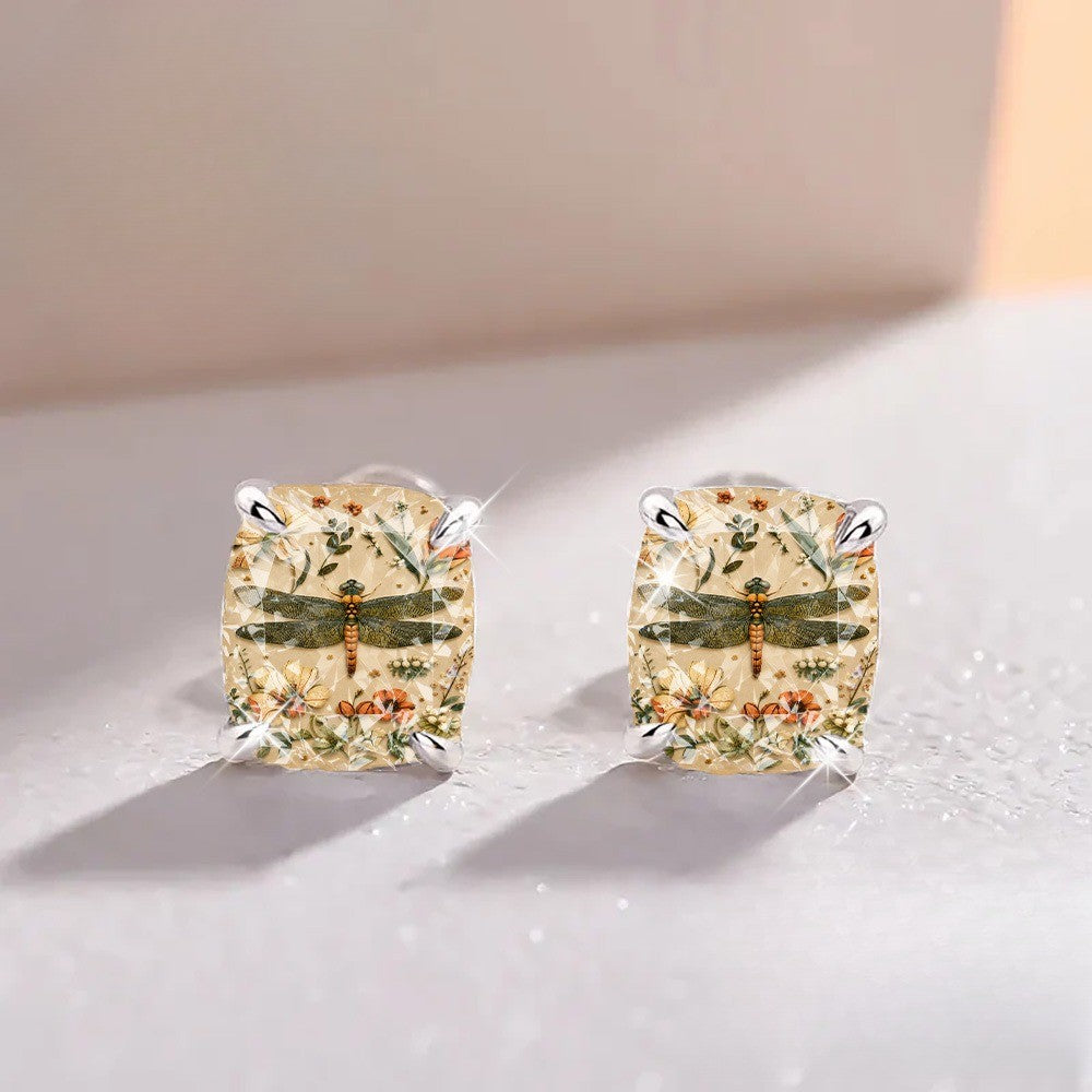 Dragonfly Botanical Square Stud Earrings