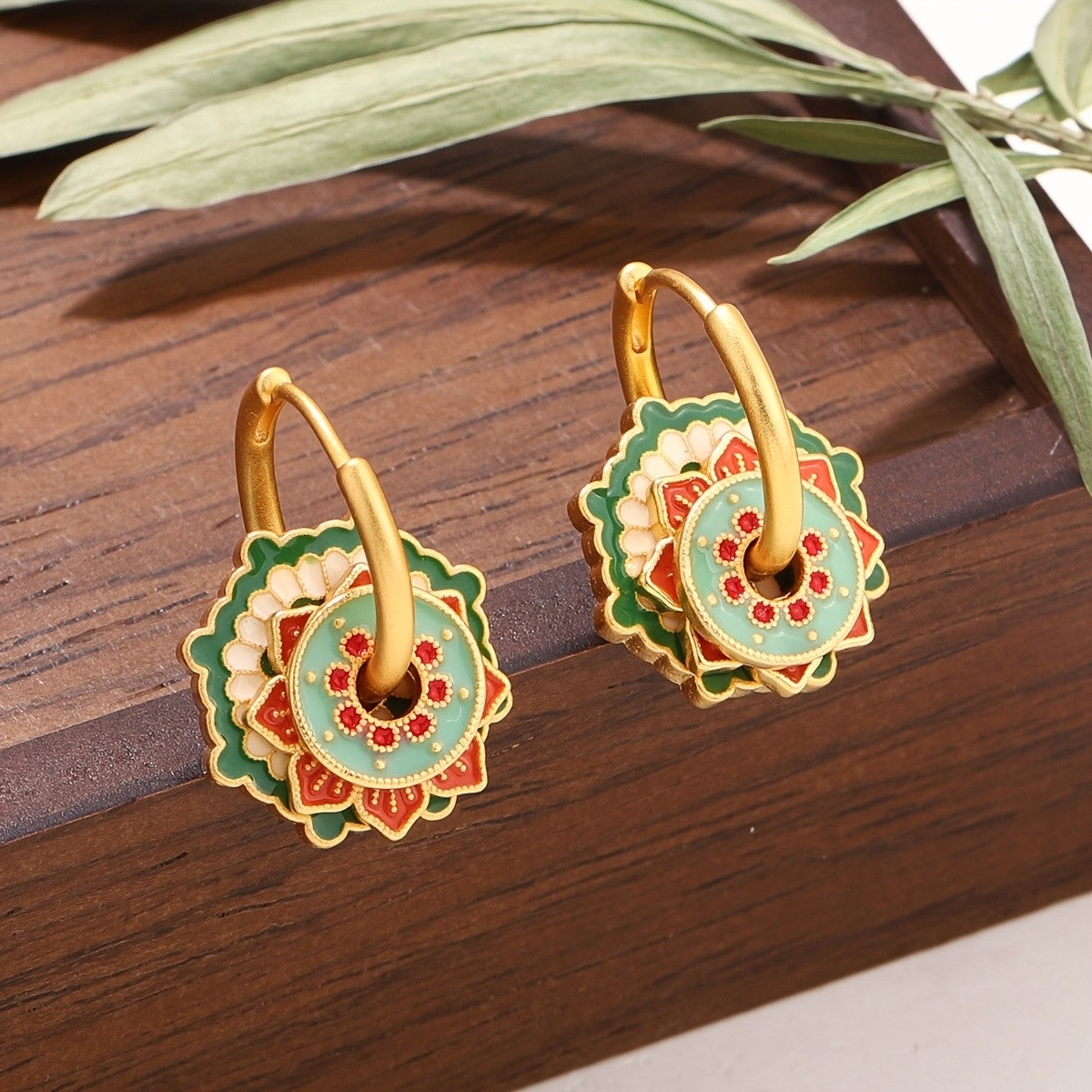 Mint Enamel Medallion Hoop Earrings