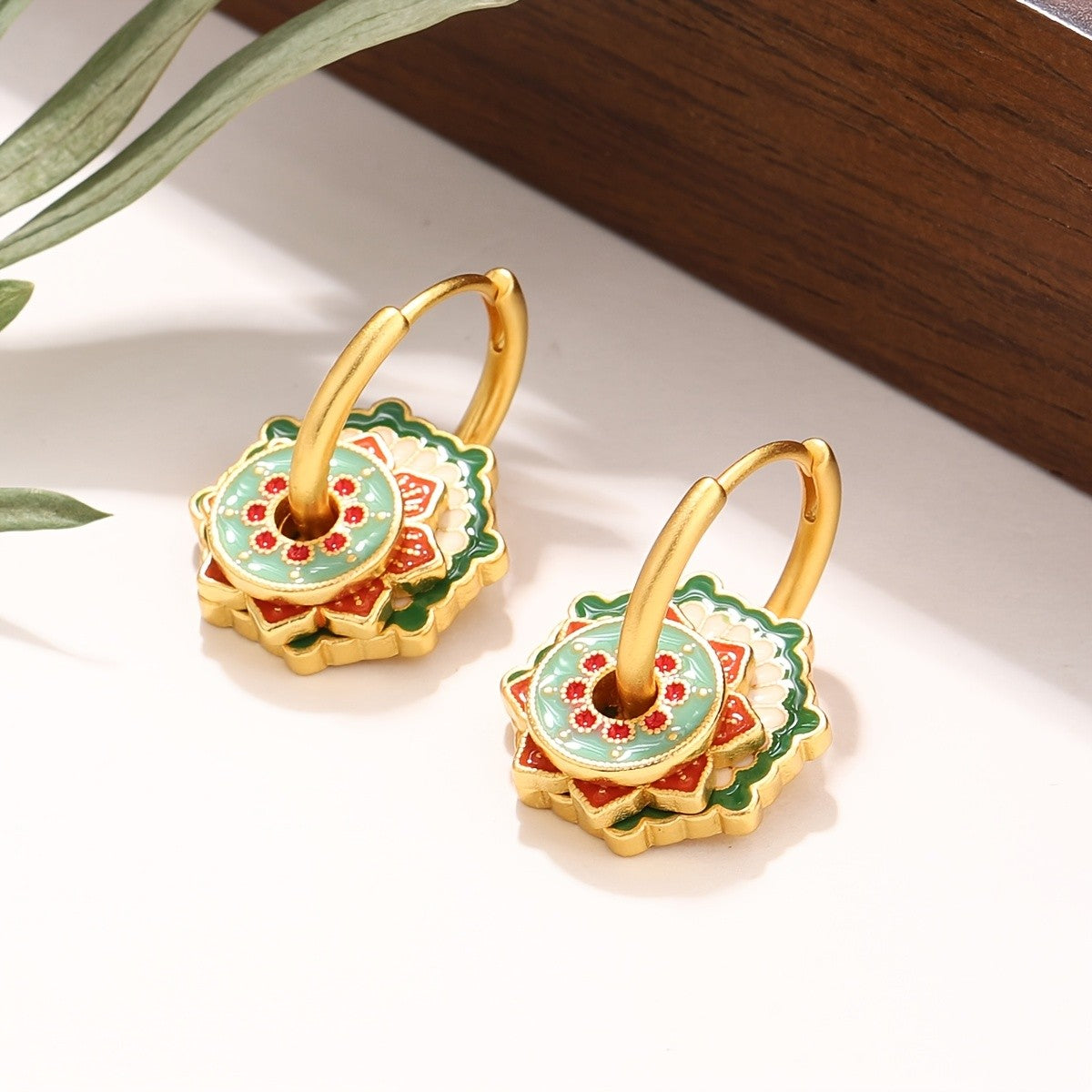Mint Enamel Medallion Hoop Earrings