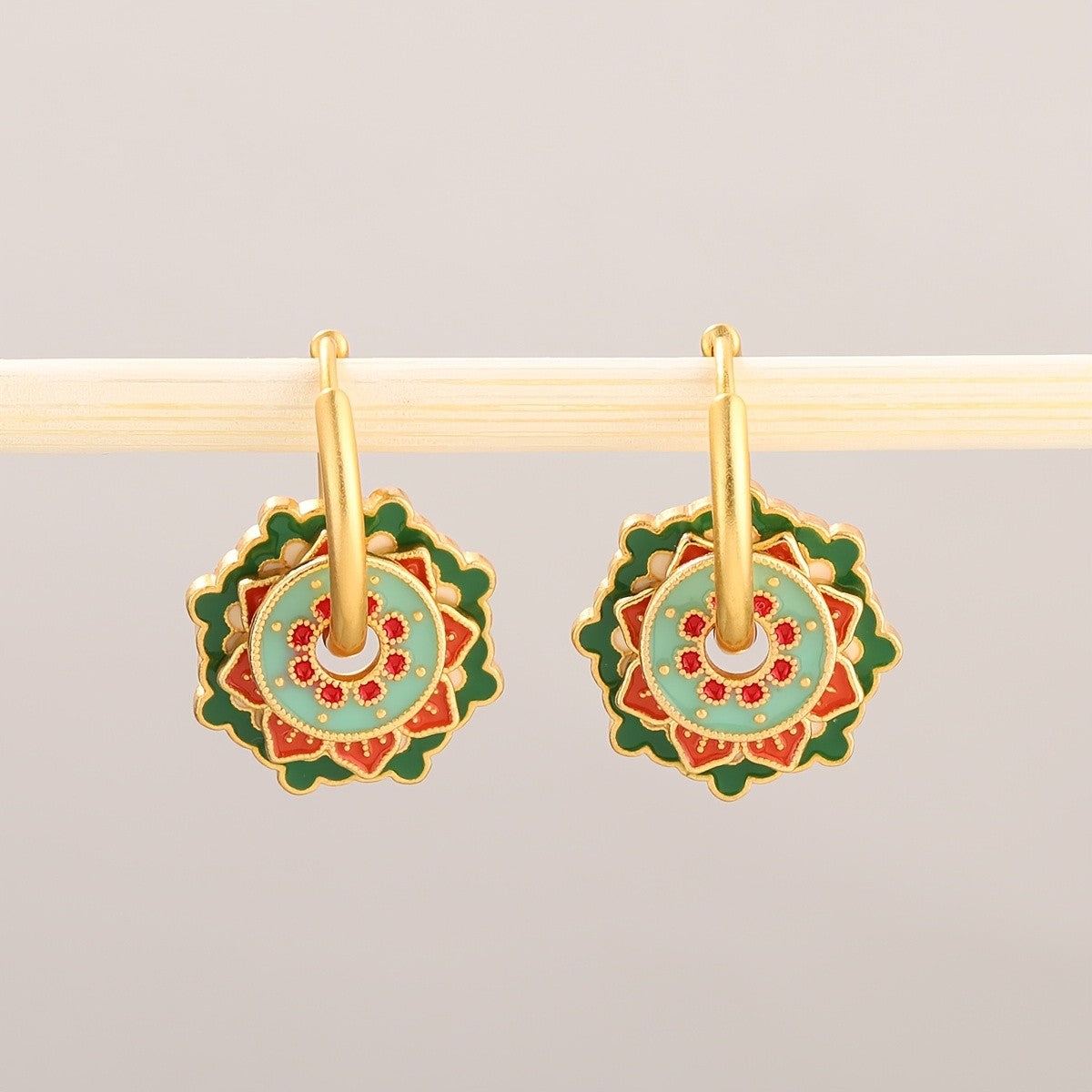 Mint Enamel Medallion Hoop Earrings