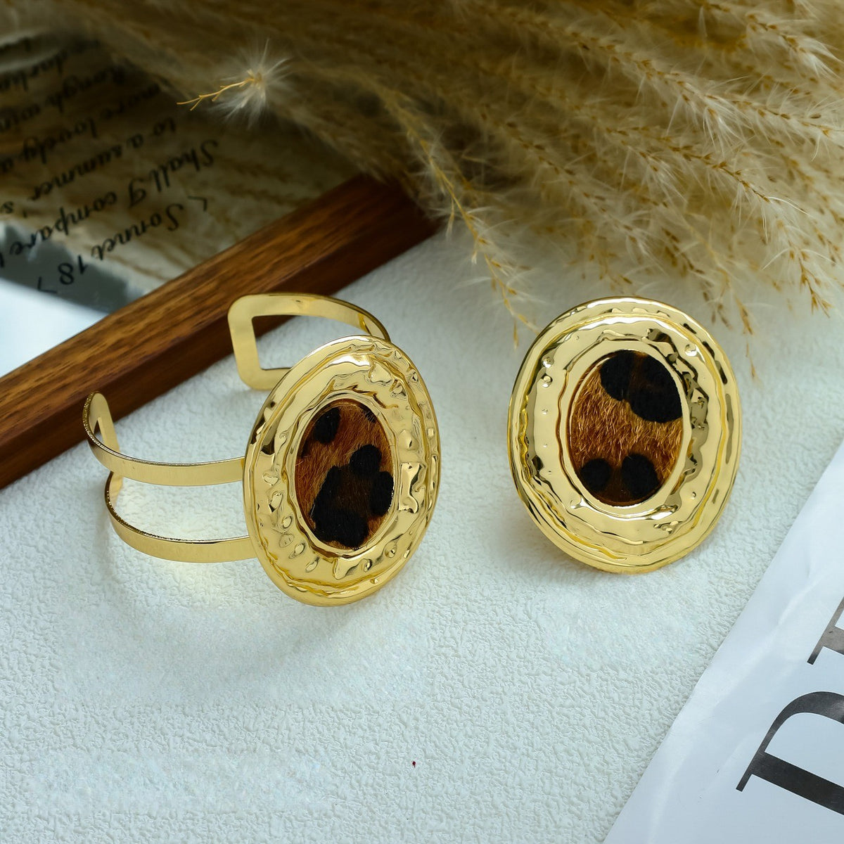 Leopard Print Oval Cuff & Ring Set