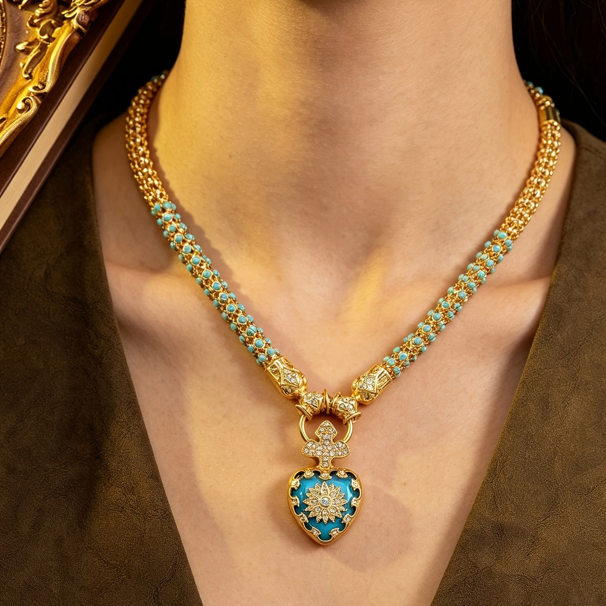 Blue Enamel Floral Heart Necklace