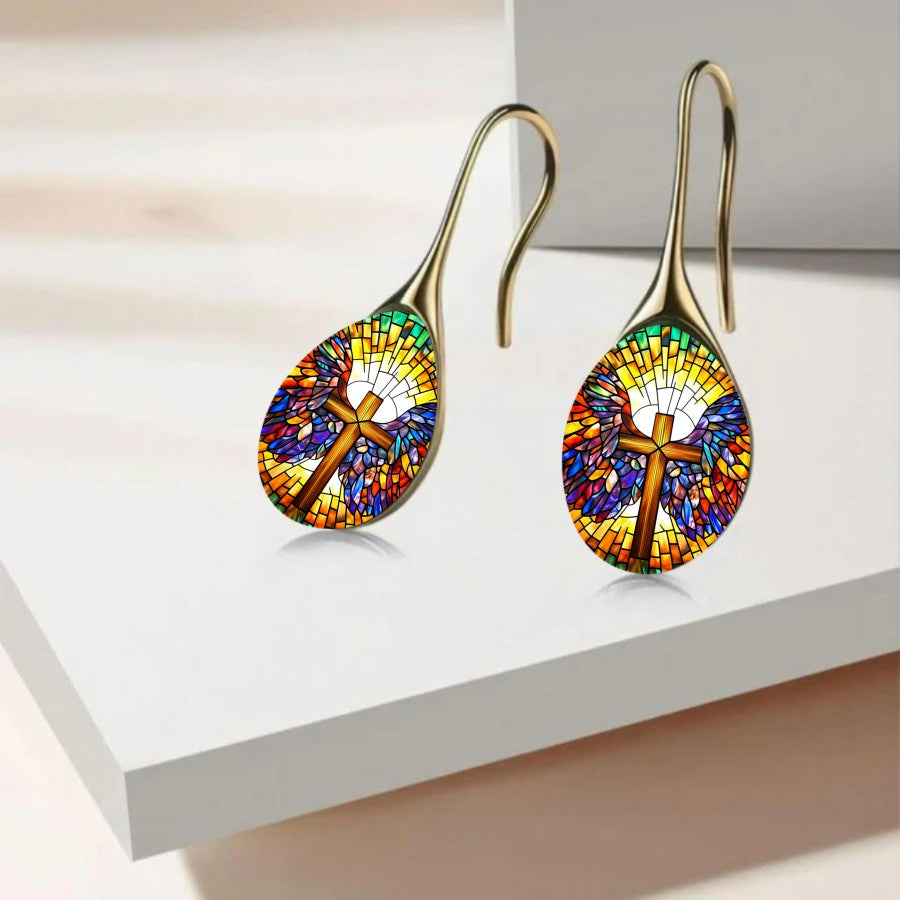Stained Glass Cross Drop Earrings