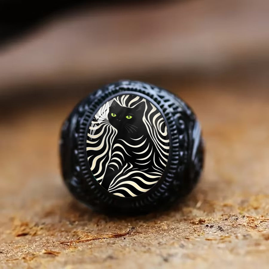 Black Cat Zebra Stripe Oval Ring