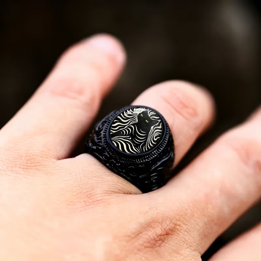 Black Cat Zebra Stripe Oval Ring