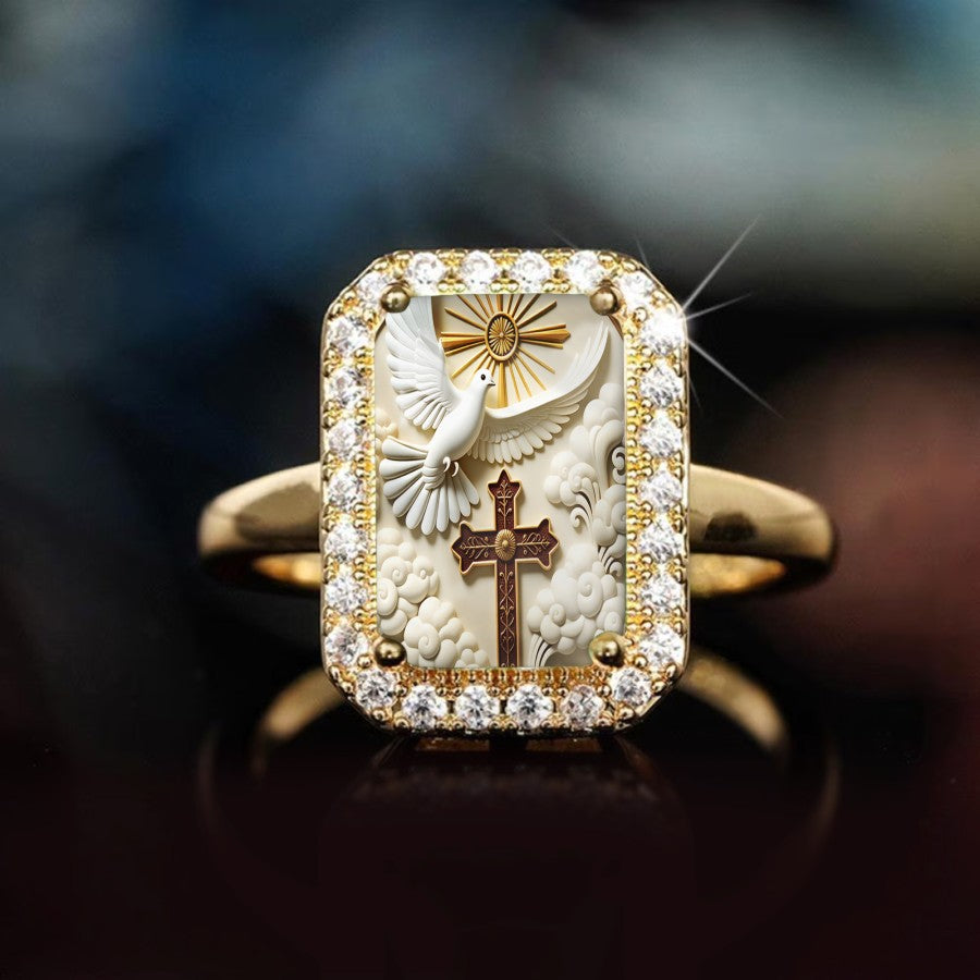 Dove & Cross Rectangular Ring