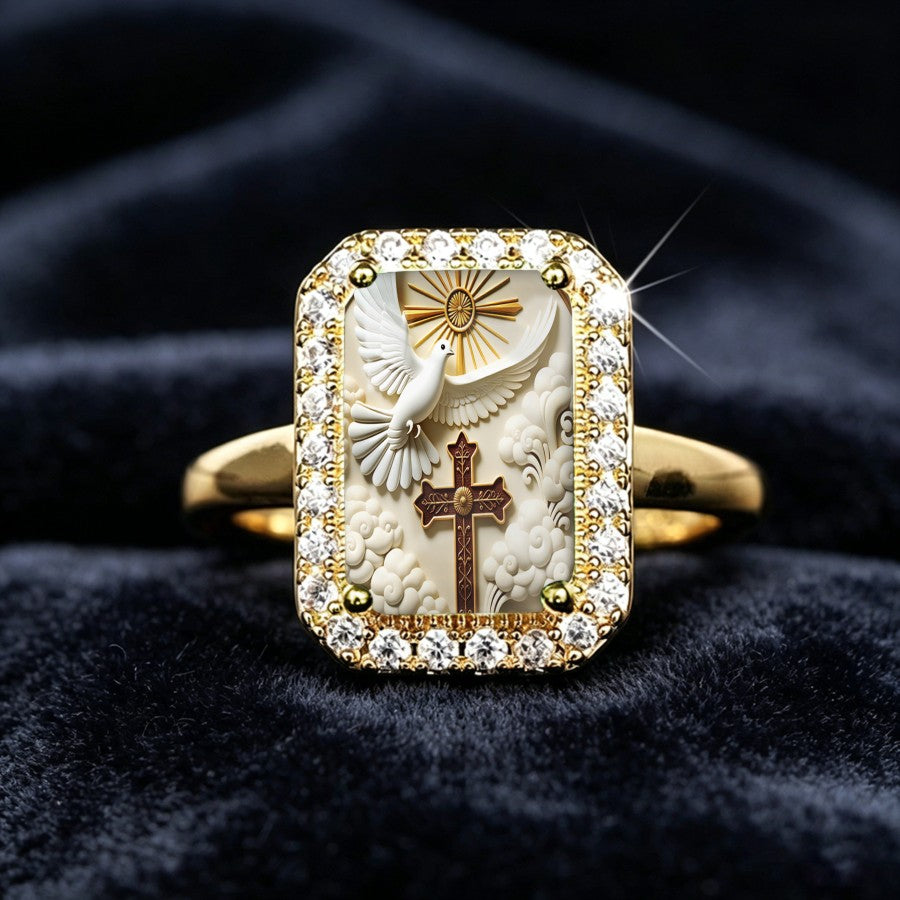 Dove & Cross Rectangular Ring