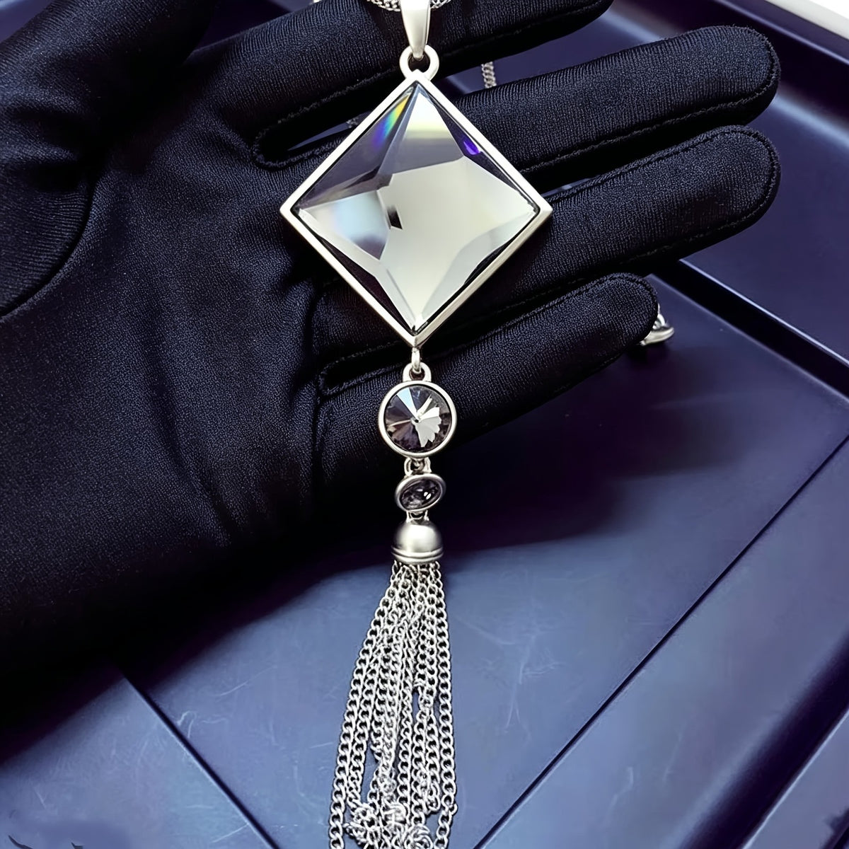 Square Crystal Tassel Necklace